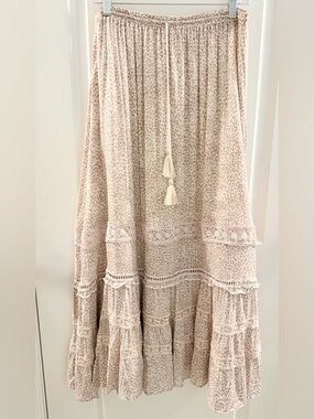 NWOT Olivaceous Boho Leopard Print Maxi Skirt with Tassel Drawstring- Size Large